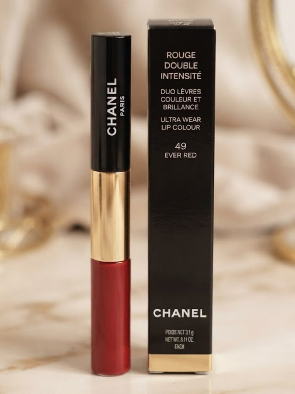 Chanel Rouge Double Intensite Ultra Wear Lip Color 49 Ever Red NIB Gloss Duo